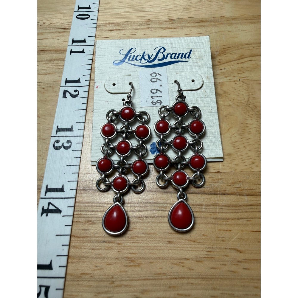 Lucky Brand Silver Tone Red Cabochon Drop Earrings Chandelier Boho JLRU8184 NEW